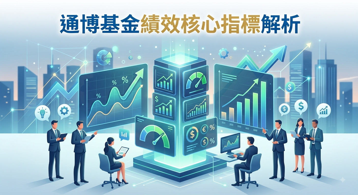這張圖片展現了一個充滿現代感的金融科技場景，專業人員正分析著螢幕上的各項基金績效指標與數據圖表。 整體背景以都市天際線搭配象徵成長的箭頭與科技光效，展現出專業、穩健且具前瞻性的投資分析氛圍。