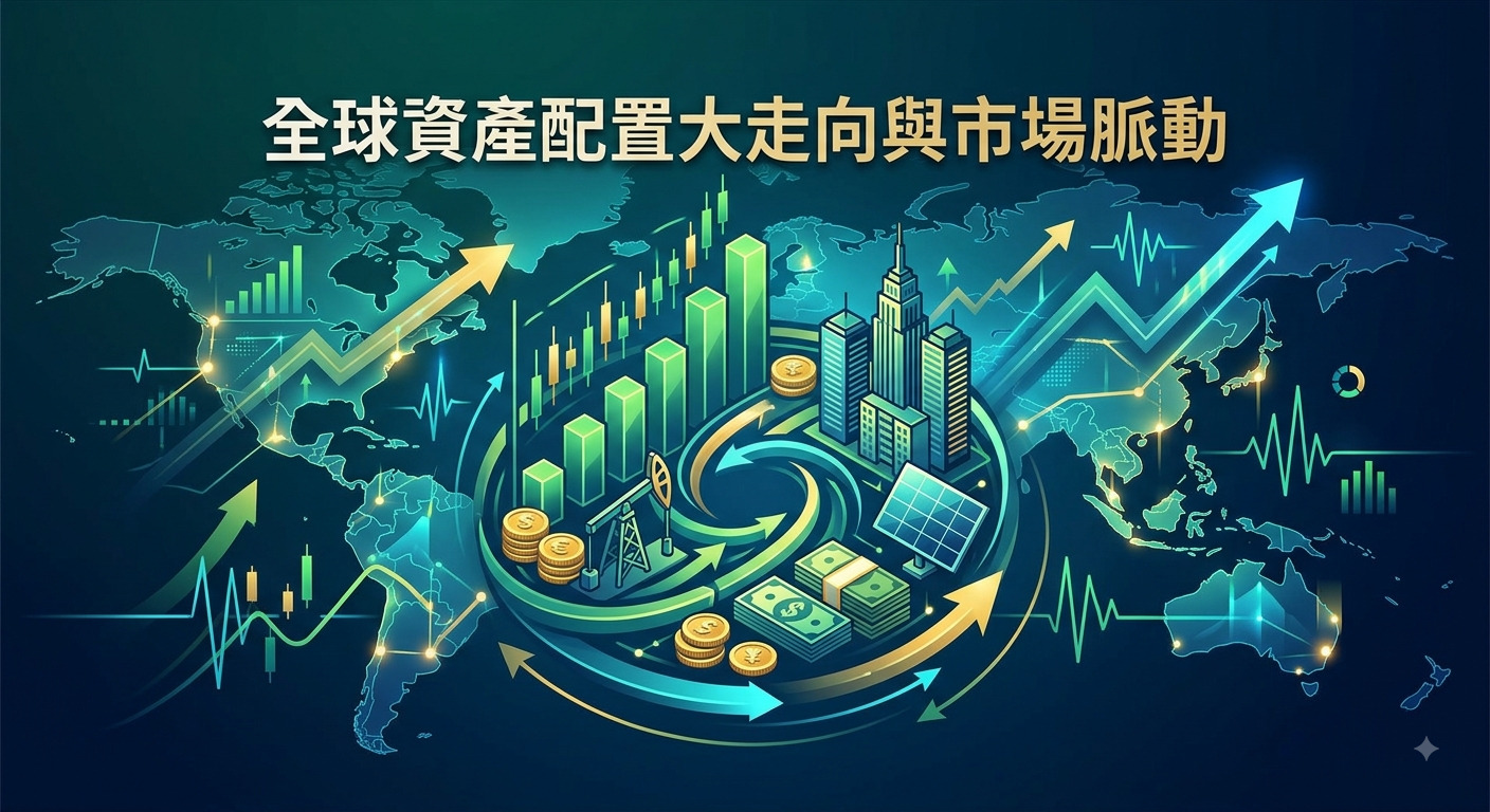 這張圖片以深藍色世界地圖為背景，中央展示融合股票、房產與能源等多元資產的流動圖騰與數據脈動。 上方標有「全球資產配置大走向與市場脈動」標題，展現出現代金融科技與全球投資趨勢的宏觀視野。